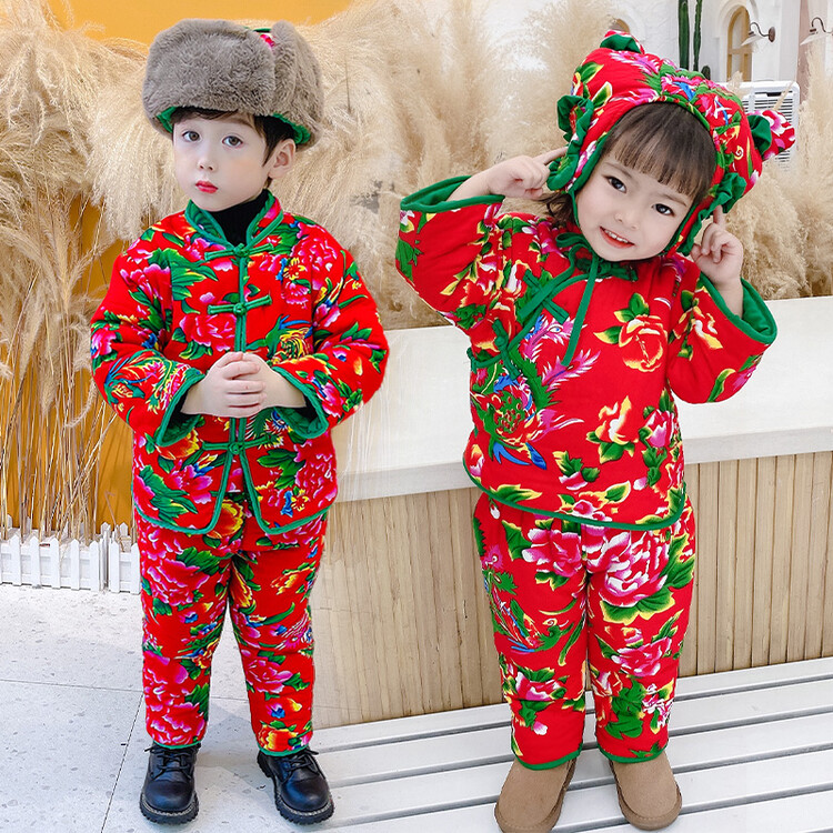 东北大花棉袄宝宝手工棉衣套装男童冬季加厚棉服女小童棉服新年装