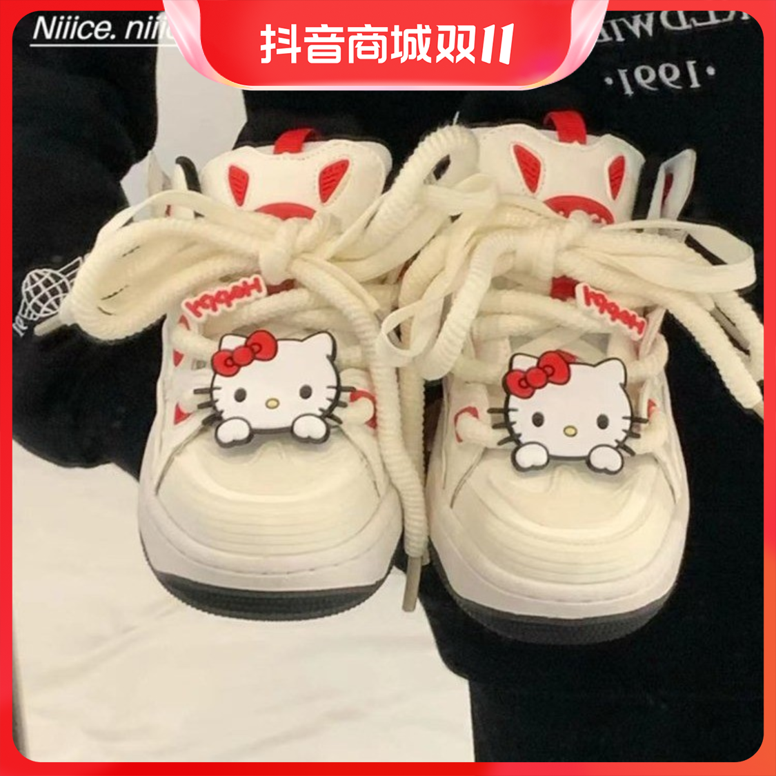 百丽纯爱小众国潮爆改可爱KT猫小白鞋女港风休闲鞋学生百搭厚底板