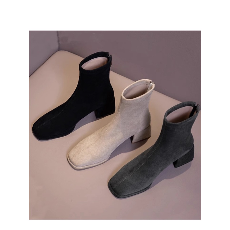 百丽纯爱短靴女靴秋冬方头加绒面马丁靴粗跟弹力瘦瘦袜靴裸靴女