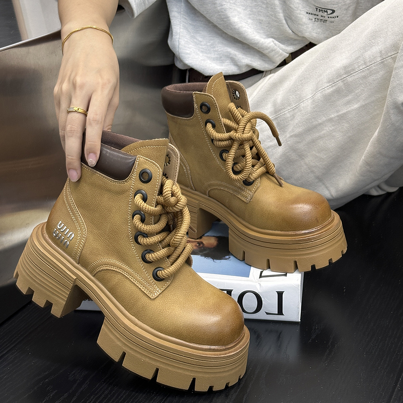百丽纯爱马丁靴女款2023秋季新款复古真皮松糕厚底大黄靴英伦风增