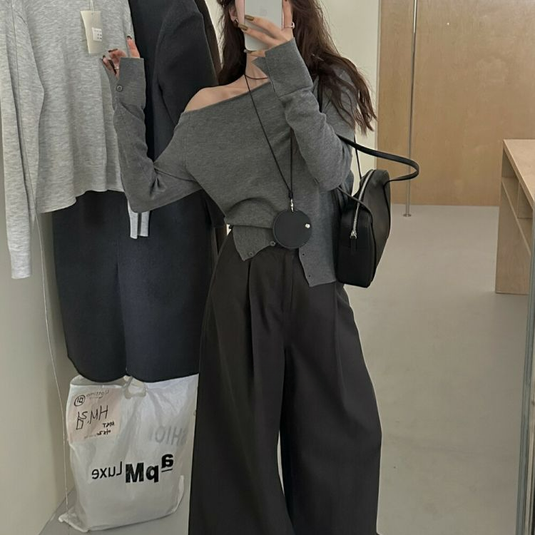 法式名媛风针织衫2025秋季新款甜美风斜肩女休闲打底衫小个子短款