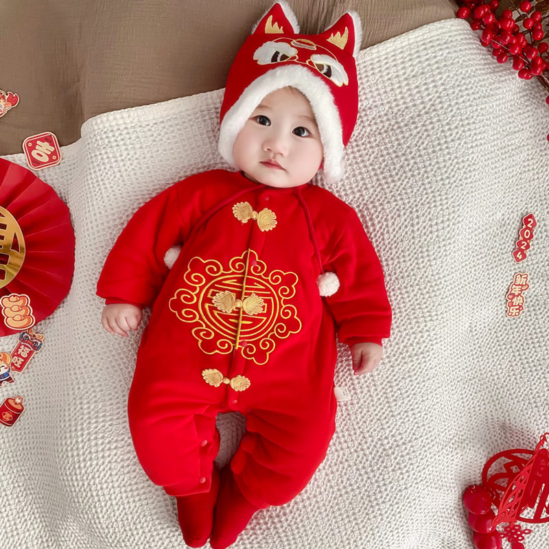 冬季婴儿连体棉袄夹棉加厚新生儿棉衣大红喜庆拜年服宝宝棉服外穿