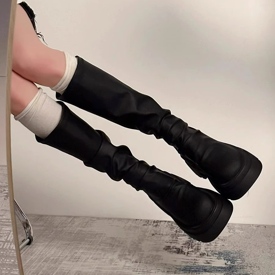 骑士靴子女2025新款胖mm高筒靴不过膝黑色粗跟大腿围靴子女长筒靴