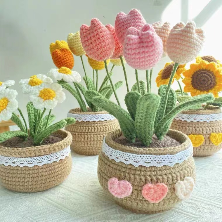 牛奶棉线小花束摆件材料包  可爱盆栽手工装饰精品室内发饰韩式