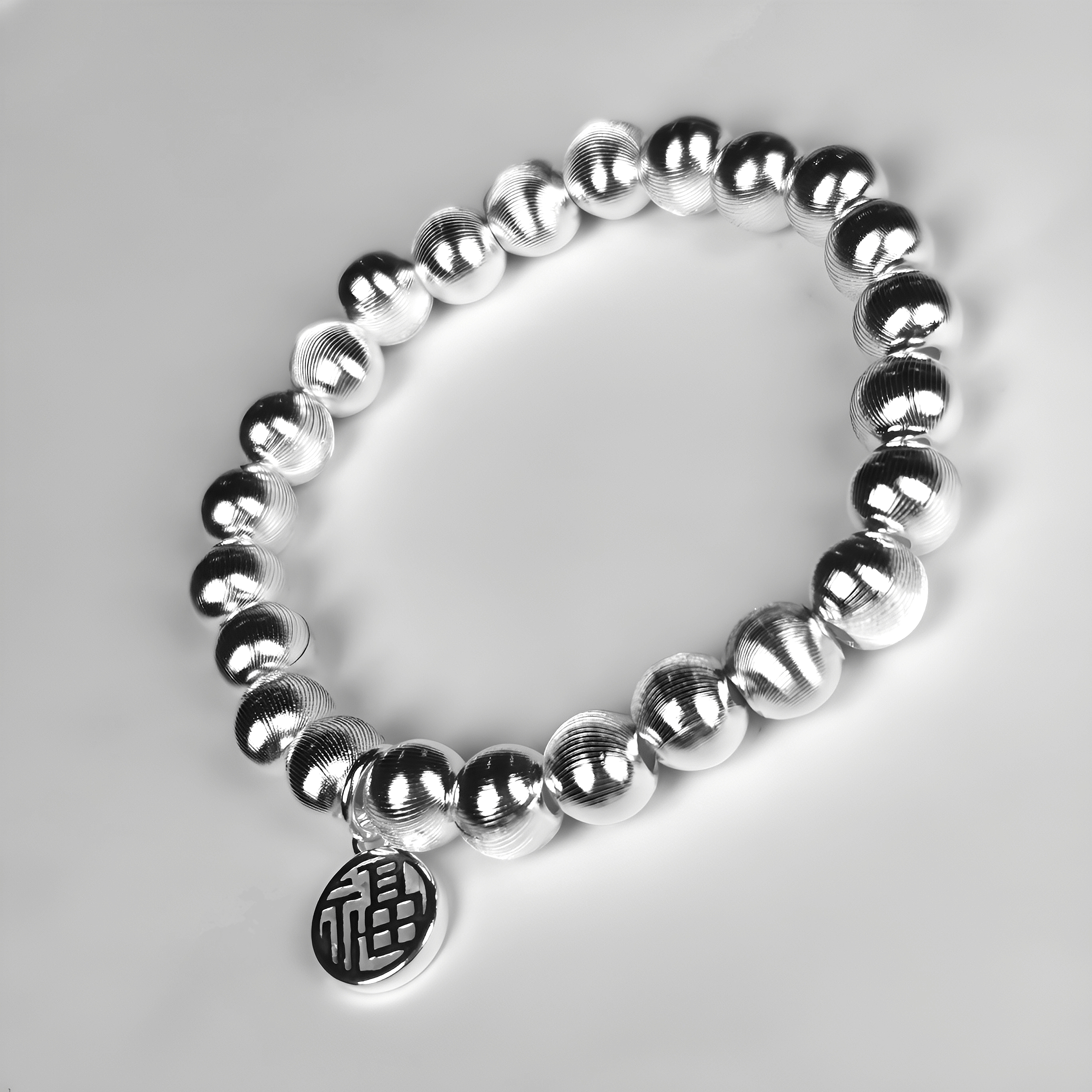 足银手链 古法福牌猫眼银珠光面手串猫眼螺纹实心手链