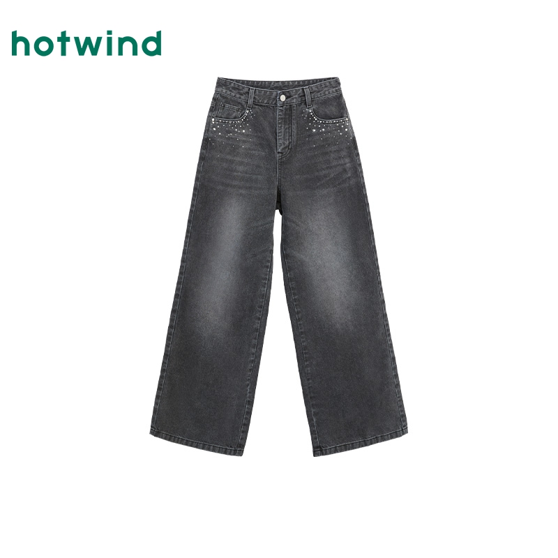 热风2024年秋季新款女士亮钻宽腿牛仔裤F06W4316