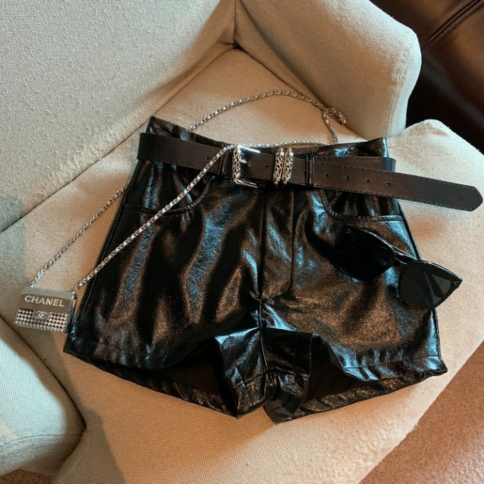 黑色亮面 PU皮短裤女秋冬高腰辣妹小个子宽松百搭显瘦a字阔腿靴裤