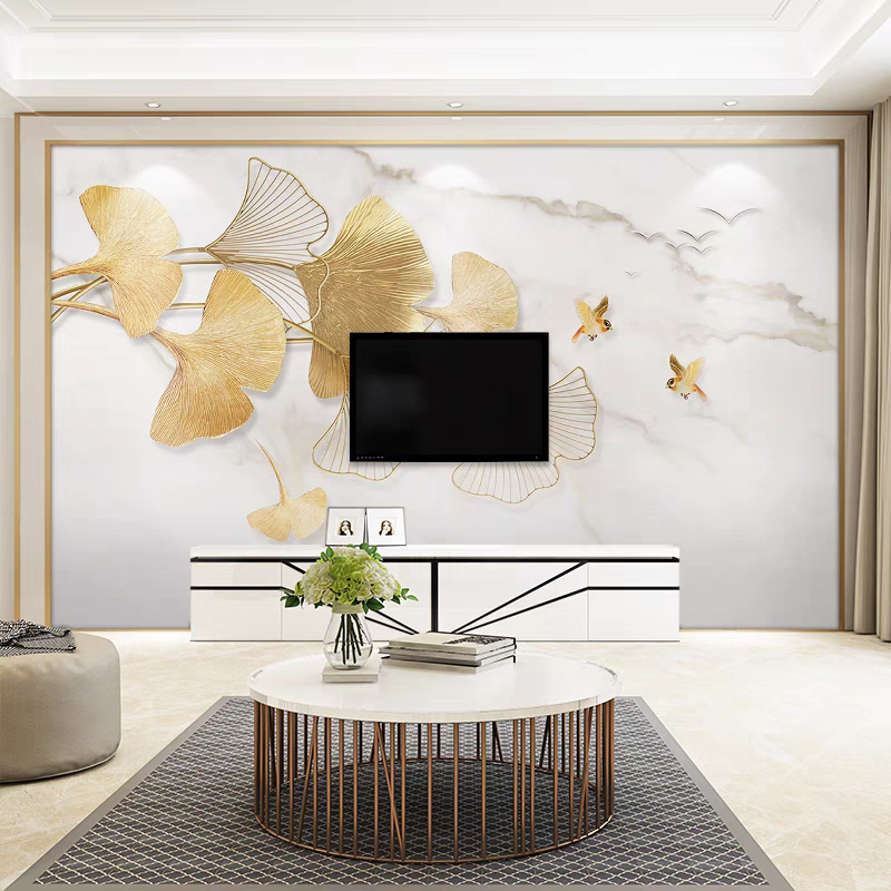 现代简约金色银杏叶电视背景墙壁纸北欧轻奢大理石纹墙布客厅壁画