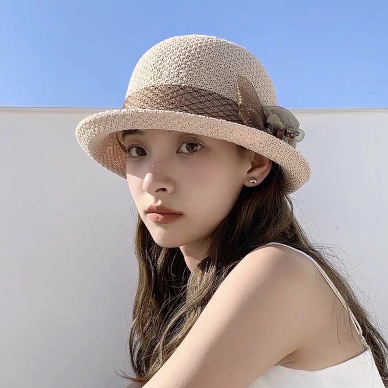 帽子女士夏春甜美花朵渔夫帽卷边遮阳帽小盆帽韩版百搭凉帽时尚