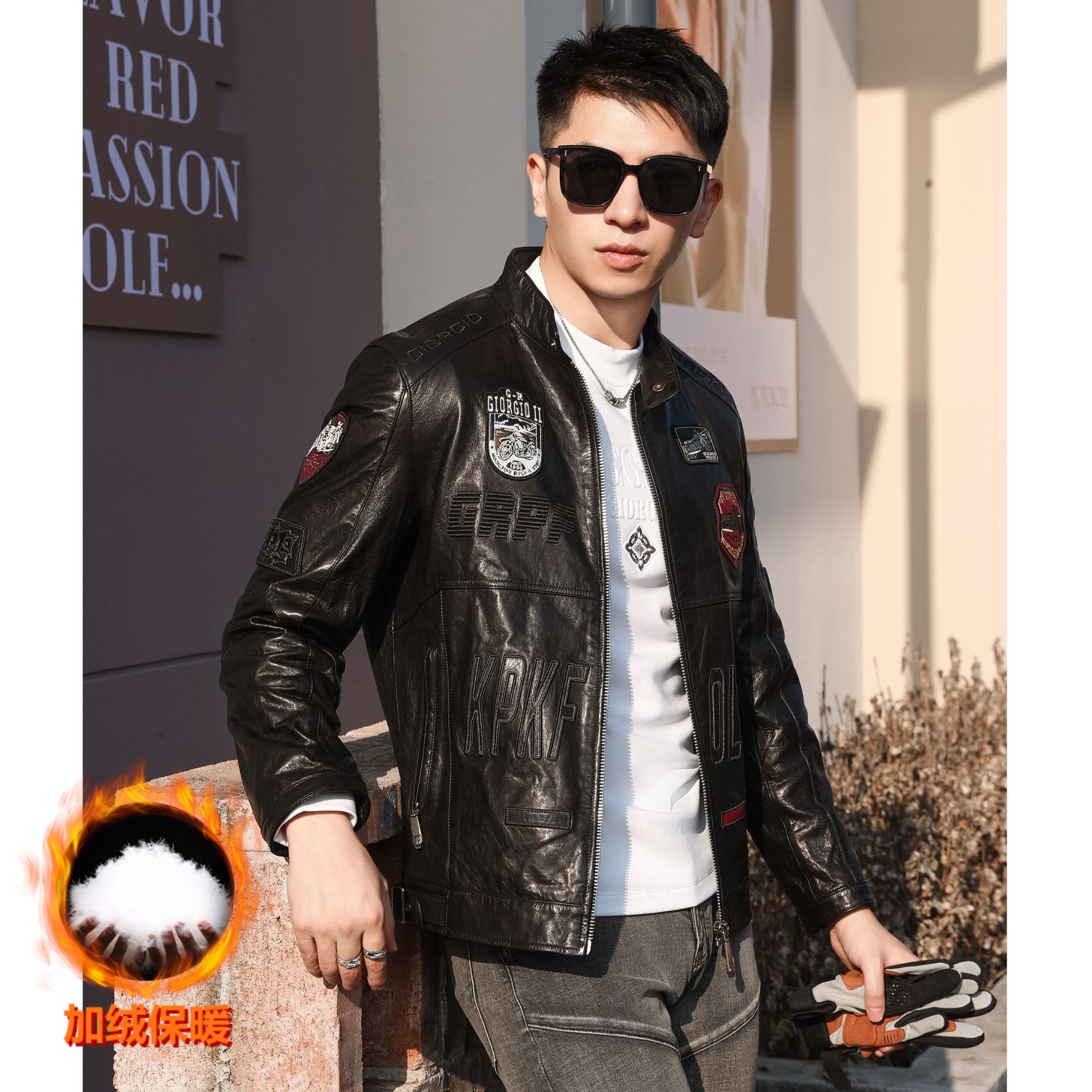 [加绒加厚款]秋冬立领夹克黑红撞色刺绣真皮夹克修身休闲皮衣保暖