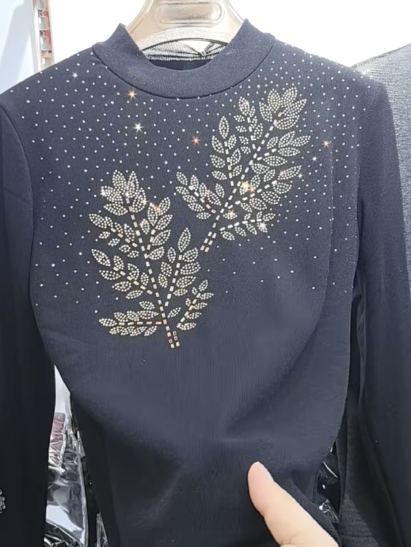 【丽人坊】时尚烫钻 加绒打底衫 弹力南韩丝网纱 烫钻显瘦洋气 