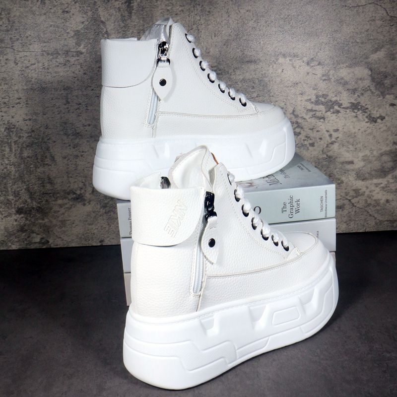 时尚双拉链增高显瘦超高跟10cm小白鞋女厚底高帮皮面小个子休闲鞋