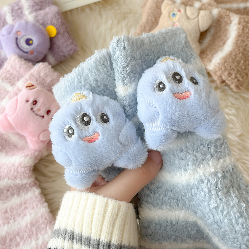 睡觉袜子宽松毛毛保暖加绒珊瑚绒居家加厚女冬季可爱秋冬立体玩偶