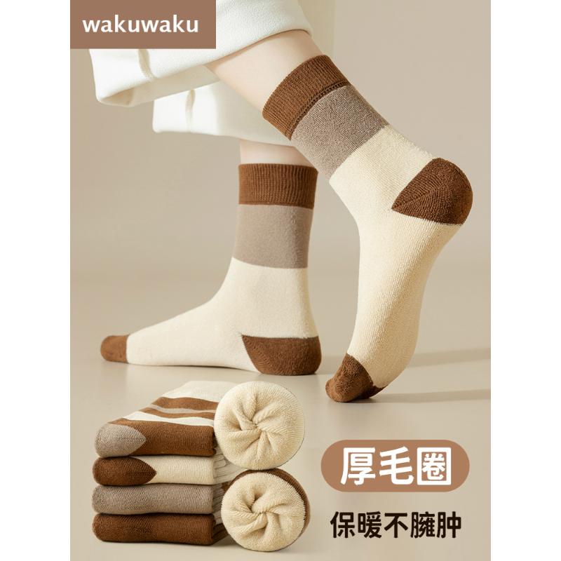 厚毛圈袜子女秋冬季保暖中筒袜纯棉加绒加厚ins潮咖色美拉德长袜