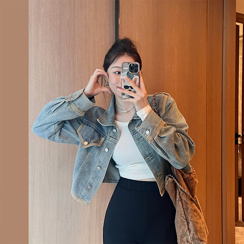 「子熙原创」重工设计款美拉德色系扎染复古做旧百搭牛仔外套女3433