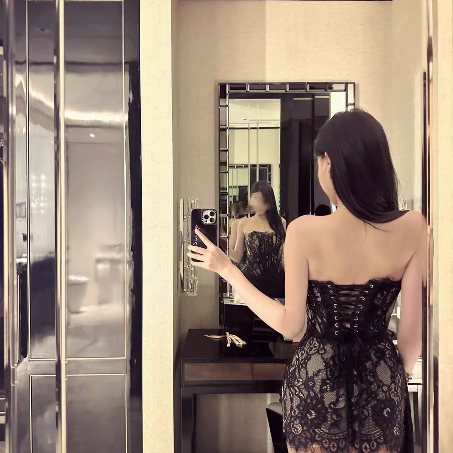 陈允朵*公主穿的*鱼骨束腰绑带蕾丝性感小黑裙连衣裙网纱抹胸短裙