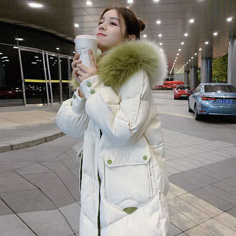 秋冬季羽绒棉服女中长款冬装加厚棉袄韩版宽松撞色大毛领棉衣外