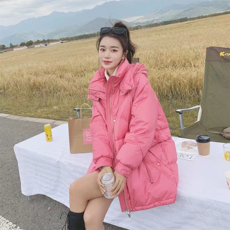 秋冬季2023年冬季韩版羽绒羽绒棉服女中长款粉色加厚连帽宽