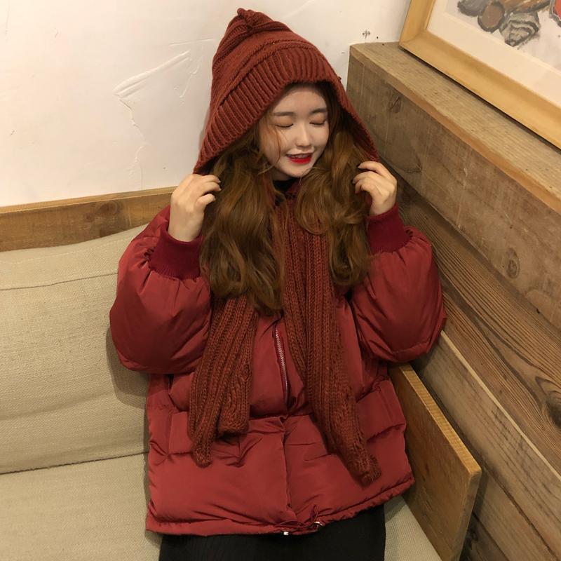 秋冬季韩版红色羽绒棉服短面包服围巾棉袄冬季外套女小个子