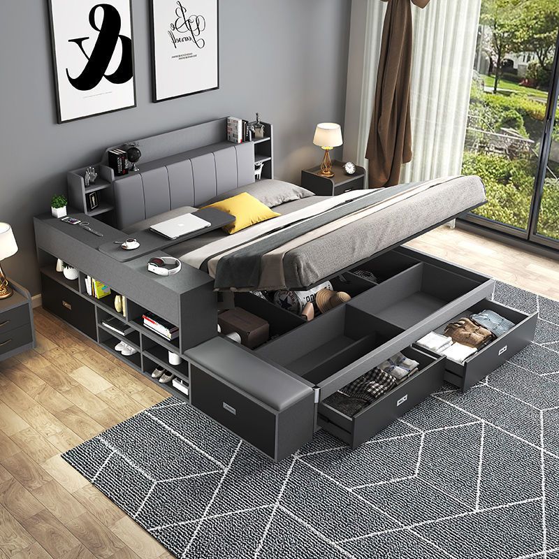 家用床现代简约北欧高箱储物床小户型主卧家用气动双人板式床