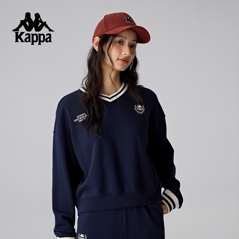 Kappa卡帕背靠背新款宽松复古针织套头衫v领运动卫衣女长袖上衣潮