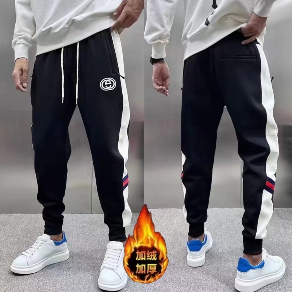 网红休闲裤男潮流百搭修身弹力拼接撞色刺绣束脚加绒加厚运动裤男