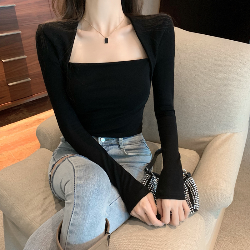 设计感小心机锁骨性感长袖t恤女2025春秋辣妹紧身短款上衣打底衫