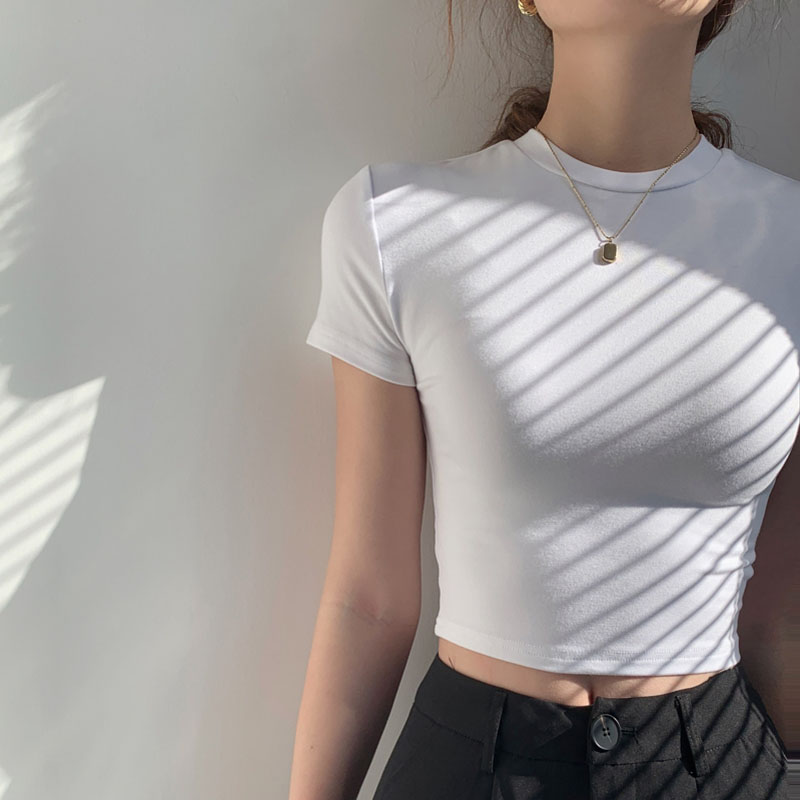 春夏紧身纯欲风小高圆领短袖t恤女修身叠穿高腰短款露脐辣妹上衣