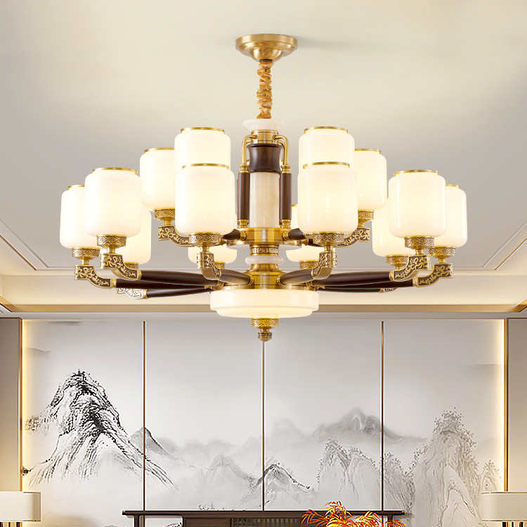 新中式全铜加玉石客厅吊灯餐厅同款搭配