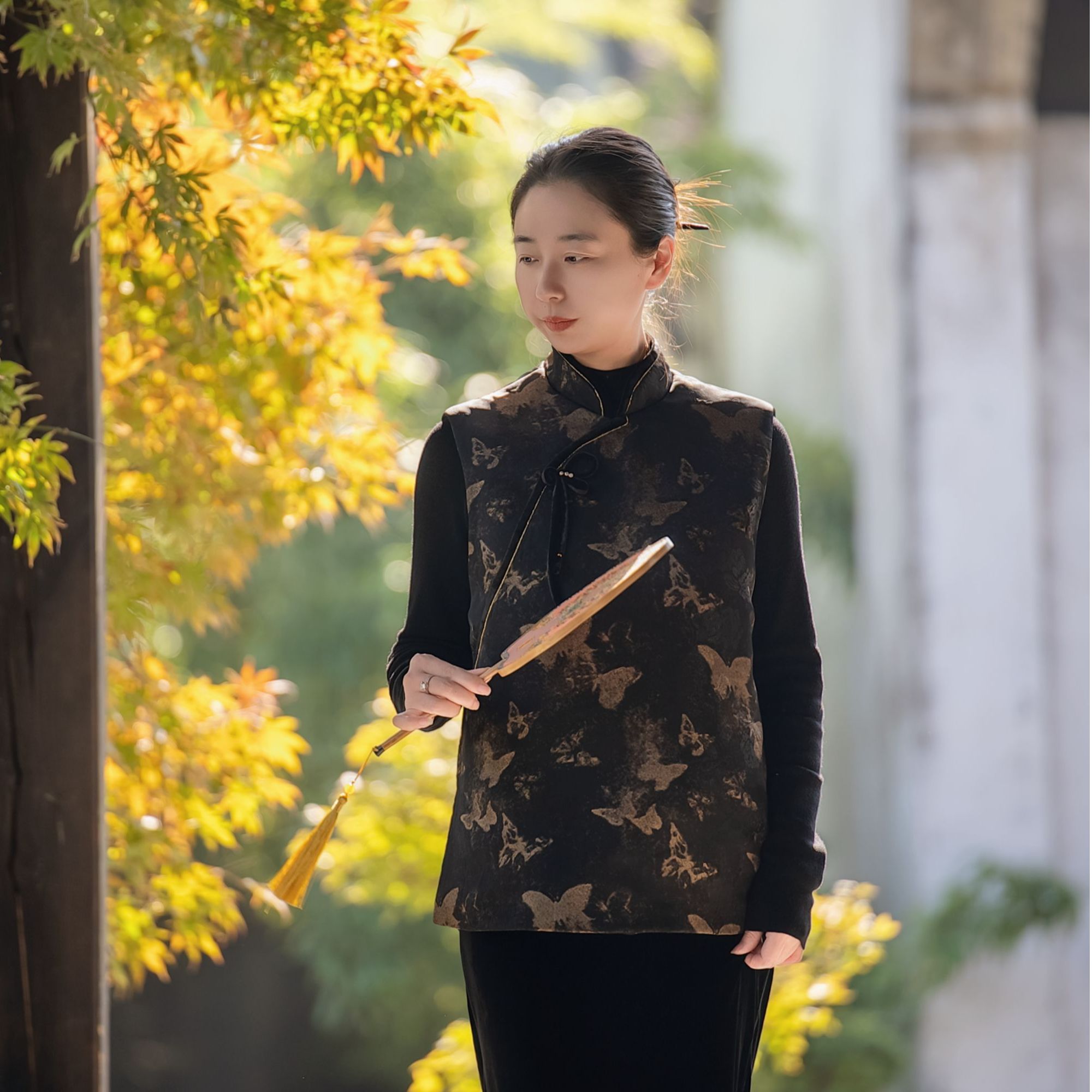 【墨影金蝶】系列中国风提花秋冬棉马甲