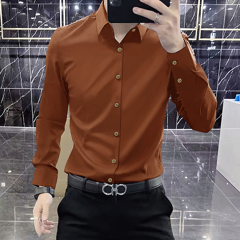 高级感弹力免烫衬衫男士长袖2026新款丝滑商务休闲黑衬衣修身男