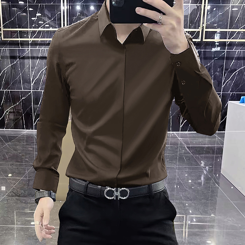 英伦风商务长袖衬衣男免烫垂感纯色衬衣内搭修身显瘦高端轻奢寸衫
