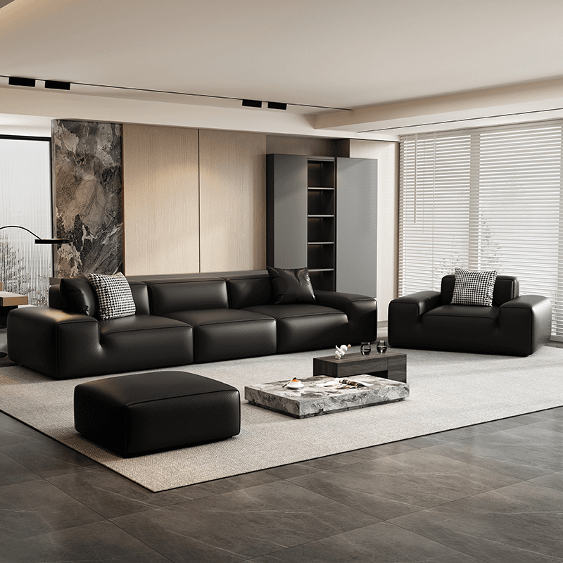 意式极简全真皮高靠夏图大黑牛沙发皮质客厅直排新款皮艺组合沙发