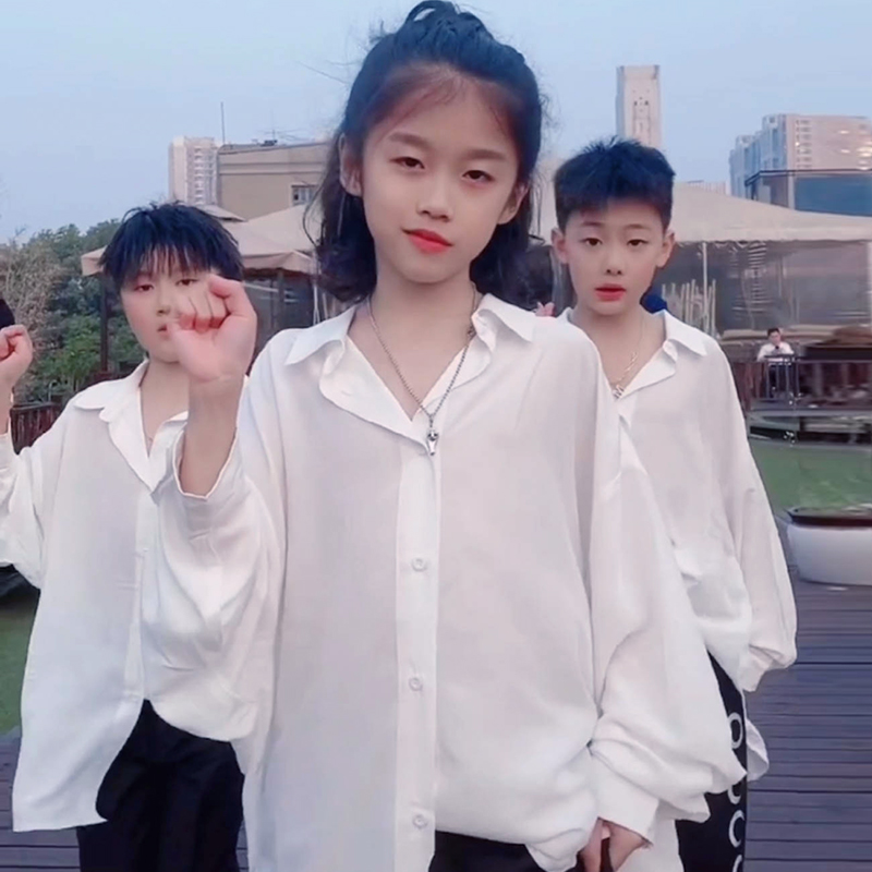 冷大娘定制男女儿童棉白衬衫薄款防晒衣街舞垂感衬衣亲子