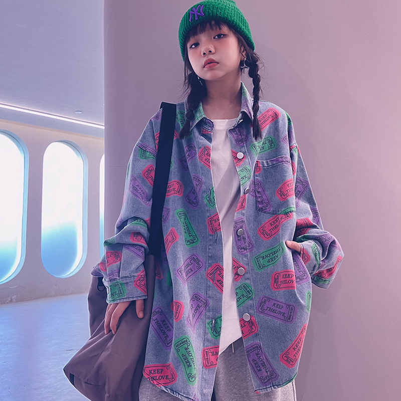 冷大娘定制男女中大童牛仔印花街舞演出服衬衫外套长袖亲子款