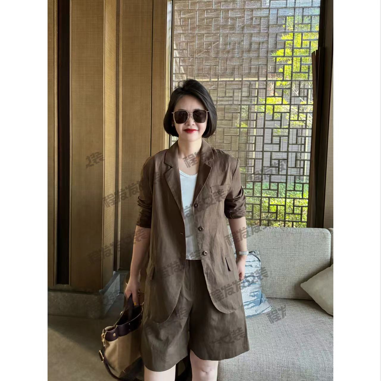 【程发发】（尘圆）亚麻气质时尚长袖五分裤套装F1422