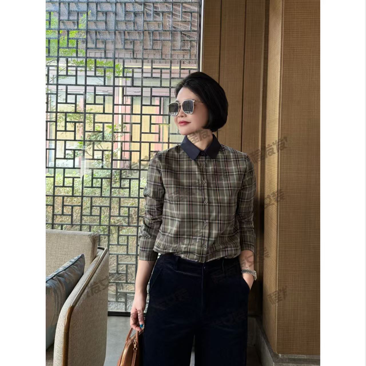 【程发发】（尘圆）撞色翻领长袖格子文艺衬衫F1589