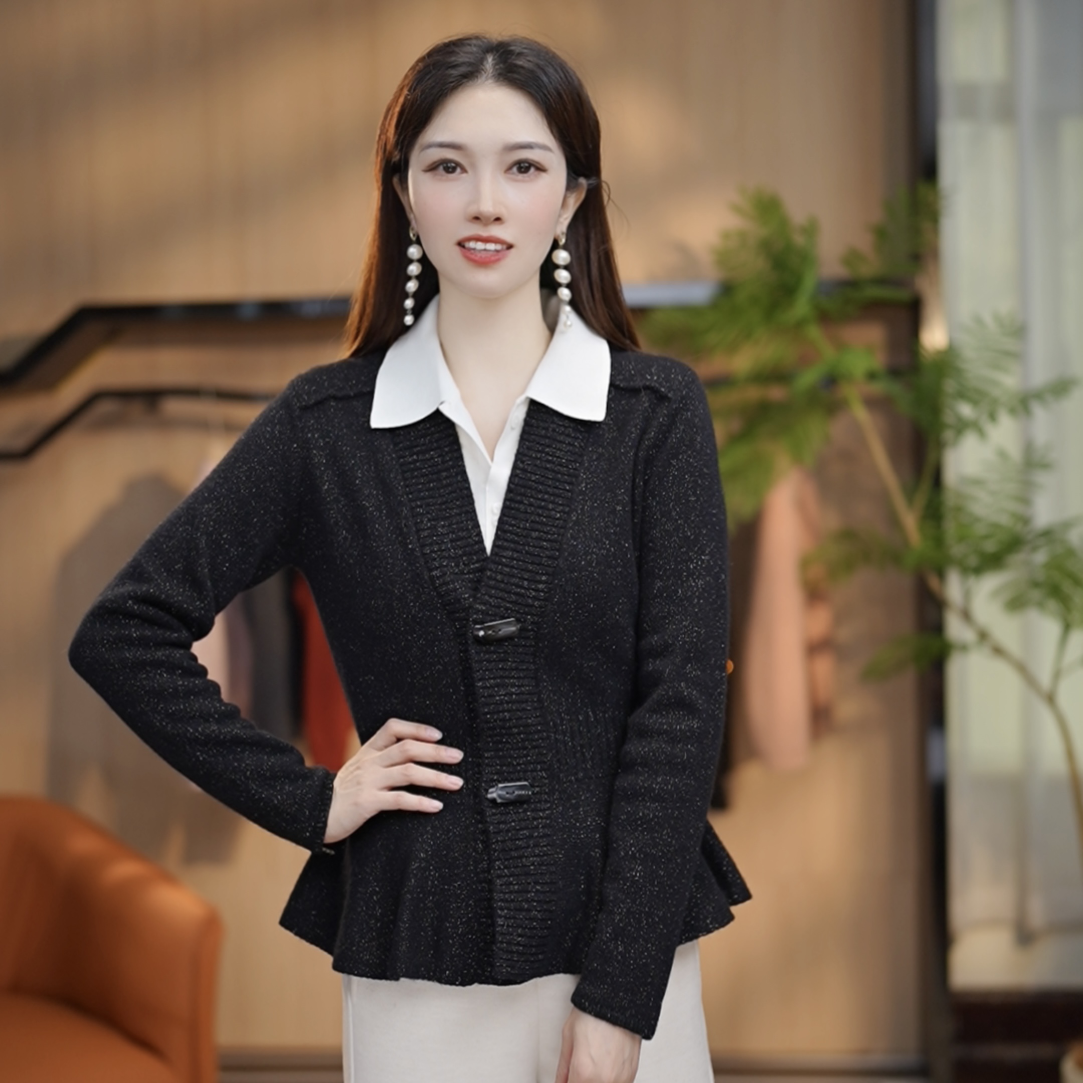 金银丝线100绵羊毛厚款小香风羊毛针织开衫亮片时尚收腰外套7276