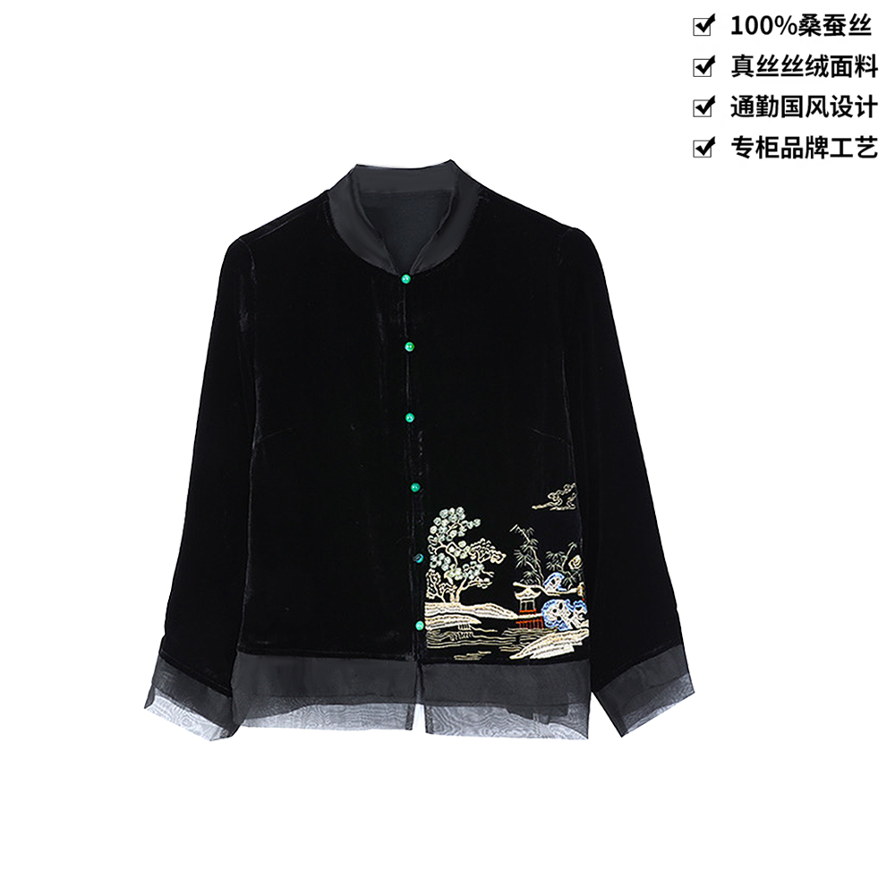 100桑蚕丝丝绒典雅山水画刺绣重工新中式真丝丝绒外套WT079黑色