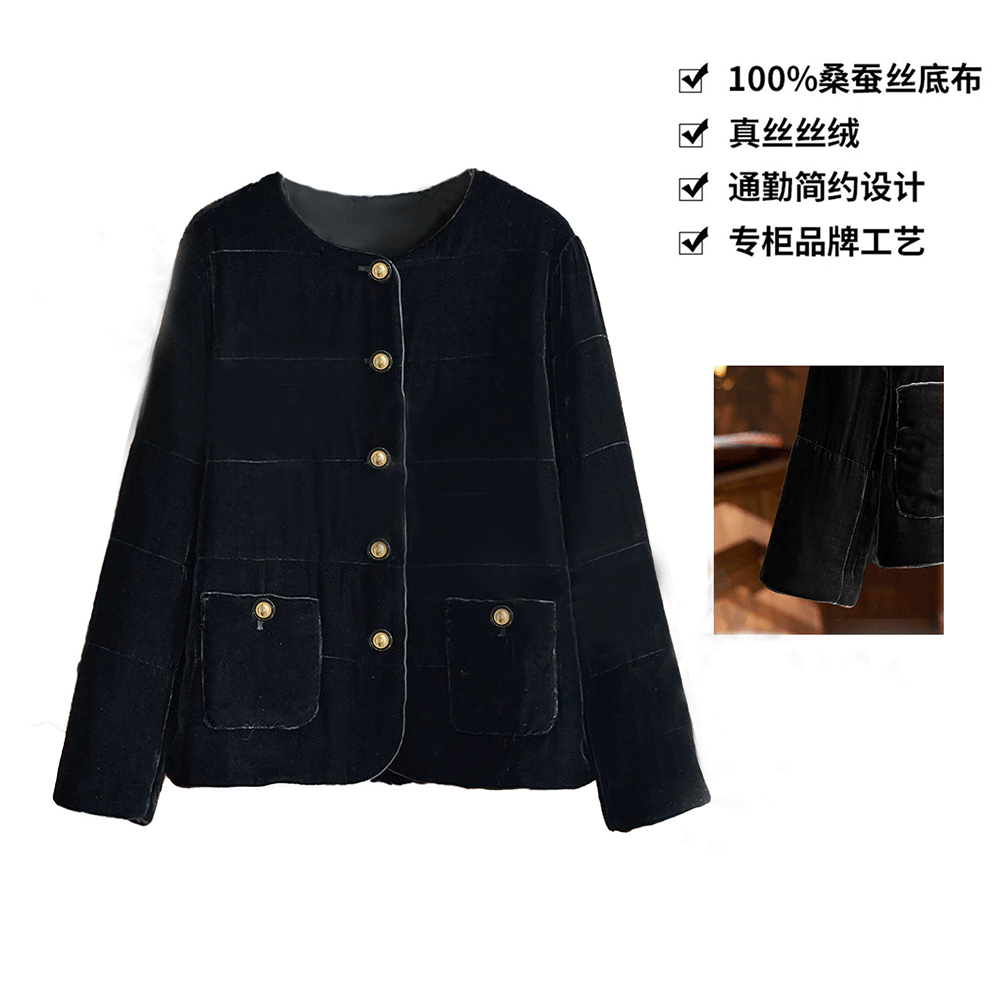 100桑蚕丝丝绒时尚纽扣秋冬防寒保暖棉衣真丝丝绒棉服外套CX190