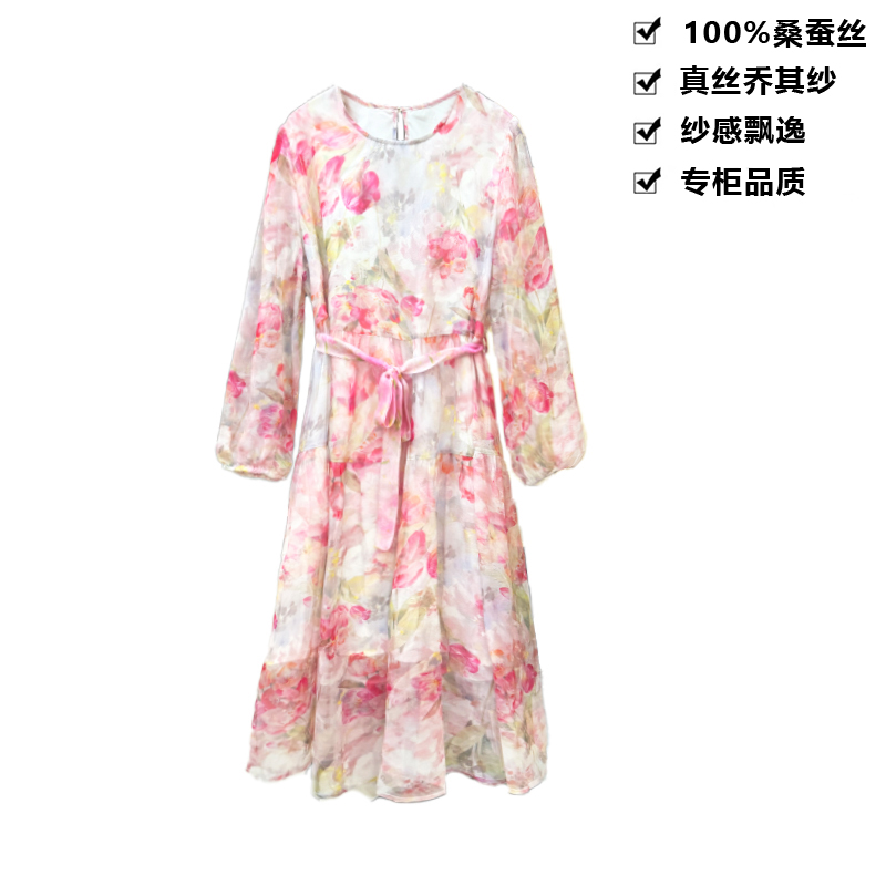 100桑蚕丝粉黛佳人宽松真丝连衣裙女装纱裙连衣裙LYQ161