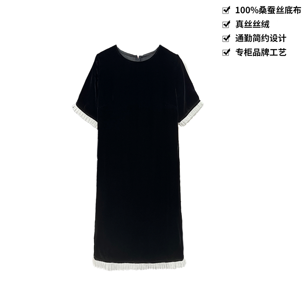100桑蚕丝真丝丝绒轻纱花边拼接圆领连衣裙短袖真丝连衣裙LYQ197