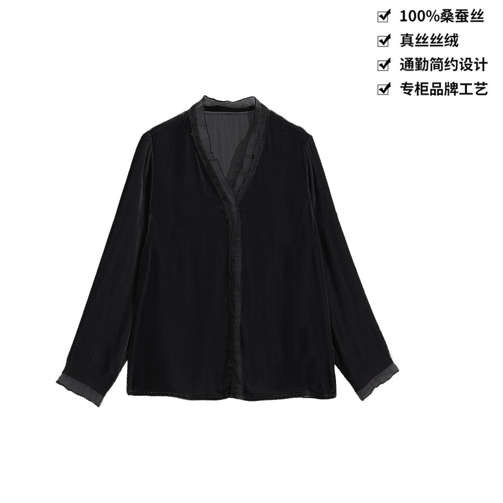 100桑蚕丝丝绒气质V领蕾丝网纱花边长袖真丝丝绒上衣CX306