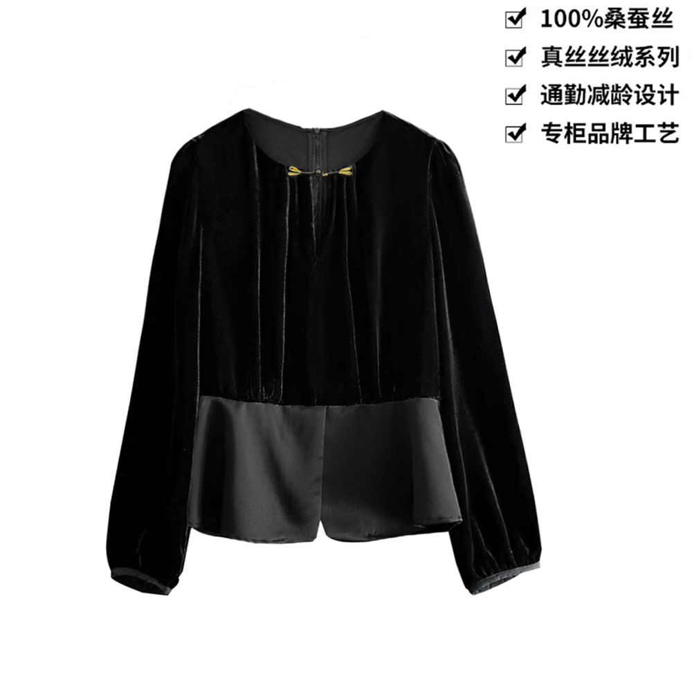 100桑蚕丝丝绒国风减龄拼接小开叉下摆百搭上衣真丝丝绒上衣CY057