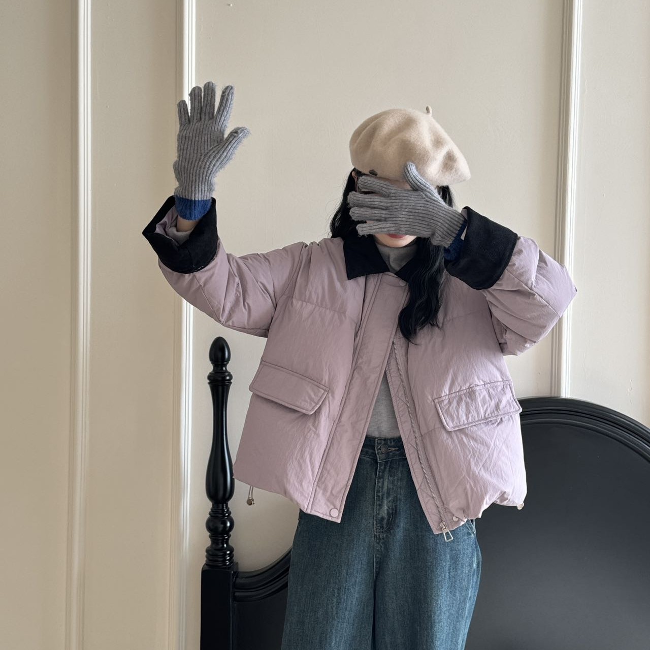 《芋泥波波》魅喻2025冬季新款拼接鸭绒羽绒服女保暖短面包服短款