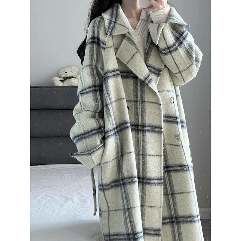 格子双面大衣女高级感2023新款百搭呢子外套冬季小个子中长版宽松
