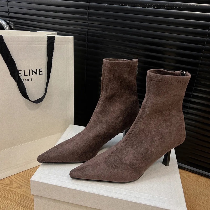 2025秋冬新款气质尖头高跟靴子绒面细跟弹力瘦瘦靴显瘦尖头短靴女