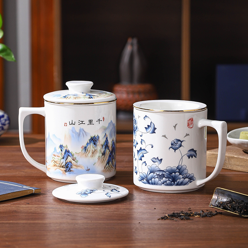 中式带盖陶瓷杯办公室泡茶杯带过滤网茶水分离杯茶隔杯马克杯定制