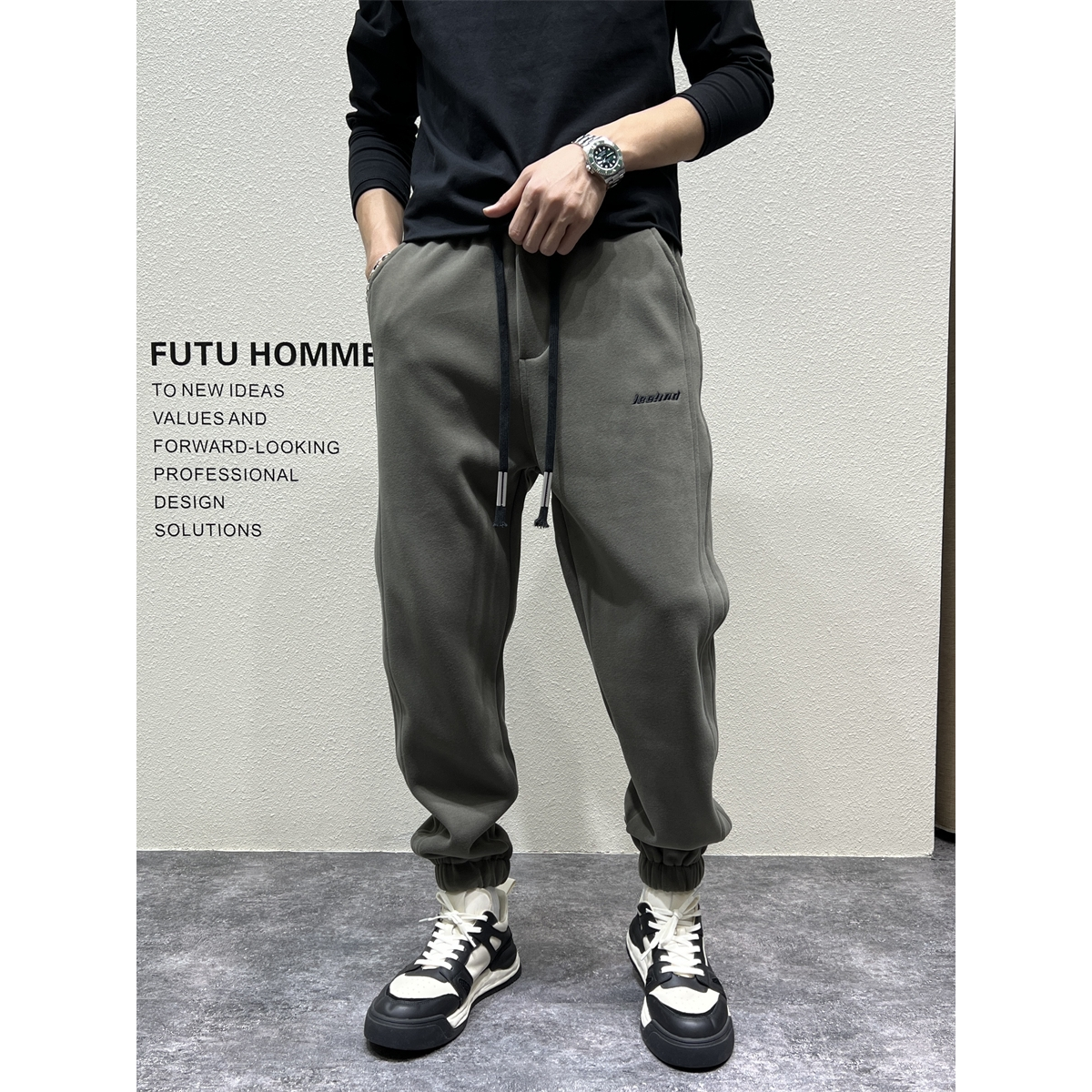 潮牌束脚休闲运动卫裤男加绒冬季宽松简约保暖百搭小脚刺绣长裤子