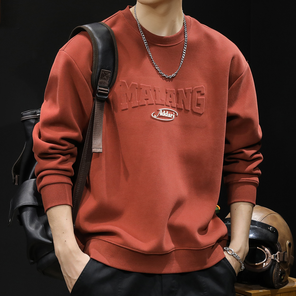 潮牌红色加绒卫衣男圆领秋季长袖大码休闲宽松套头男装冬季男上衣